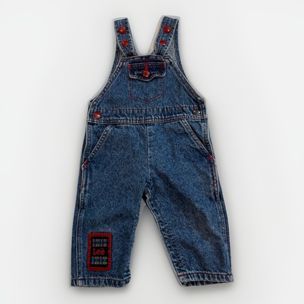 Vintage LEE Jeans Denim Overalls USA Cotton Blue - 12 Months Red Stitching Snap‎